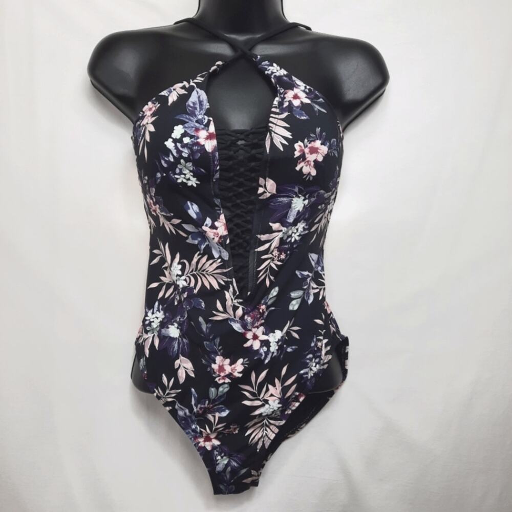 Ambrielle Swimsuit Black Floral Open Back One Piece Size Small Swimwear
